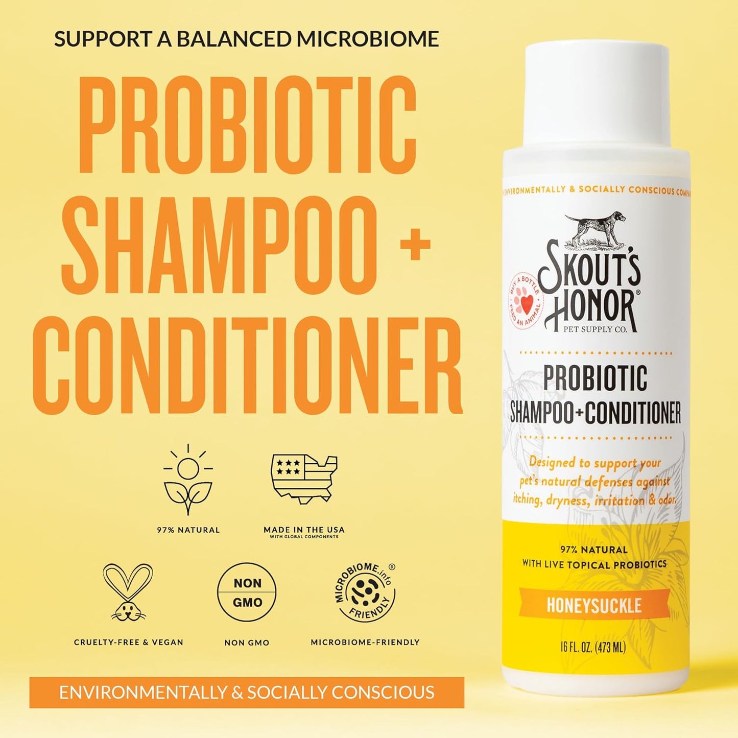 Skout's Honor Probiotic Dog Shampoo & Conditioner with Avocado Oil & Omega-3s, 97% Natural, Paraben & Sulfate-Free, Cruelty-Free, 16oz, Honeysuckle