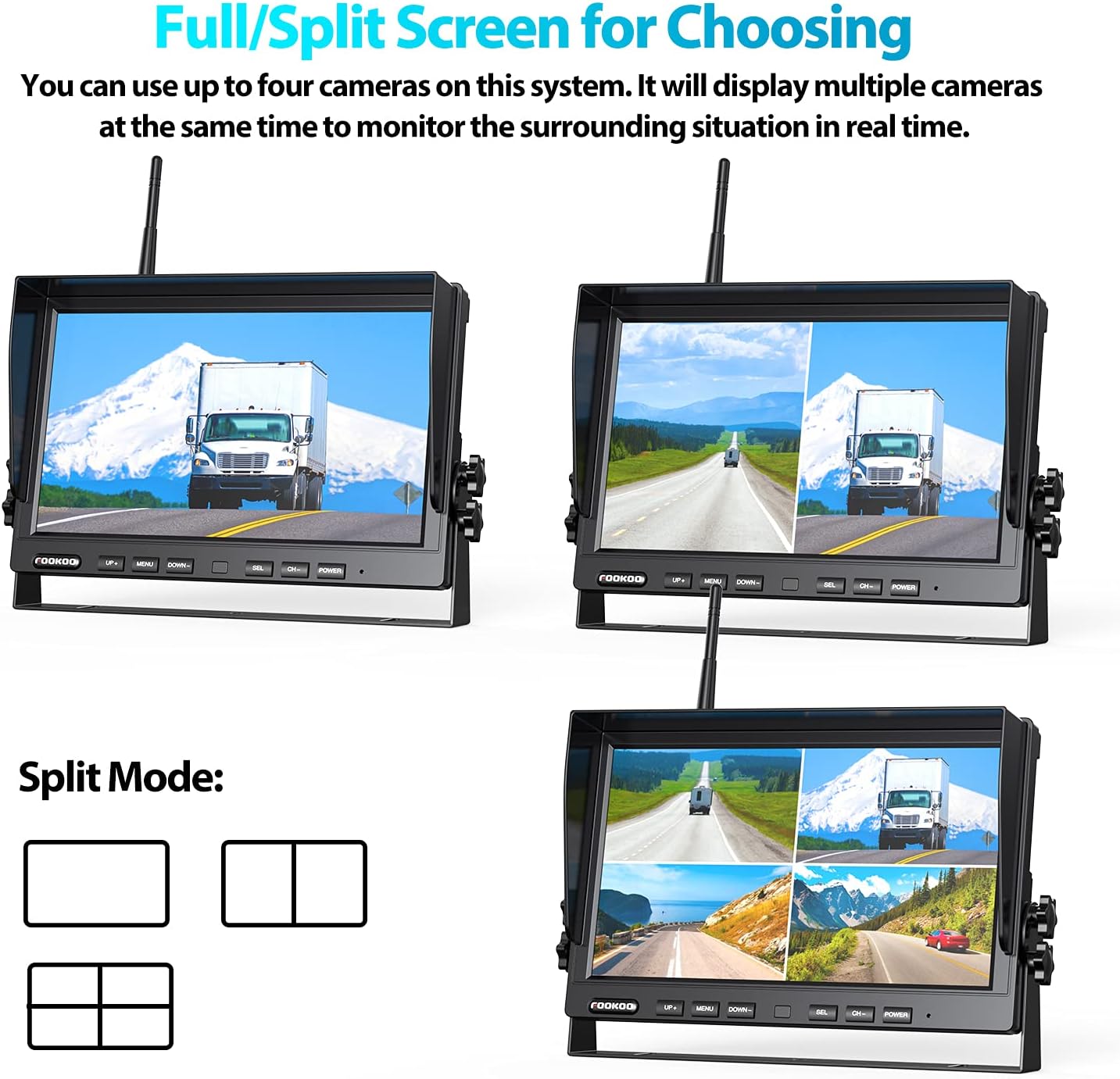 Fookoo 1080P 10" Wireless Backup Camera System, 10" Dual/Quad Split Monitor with Recording, IP69 Waterproof Rear/Front View Cameras, Parking Lines for RV/Truck/Trailer/Van(DW102)