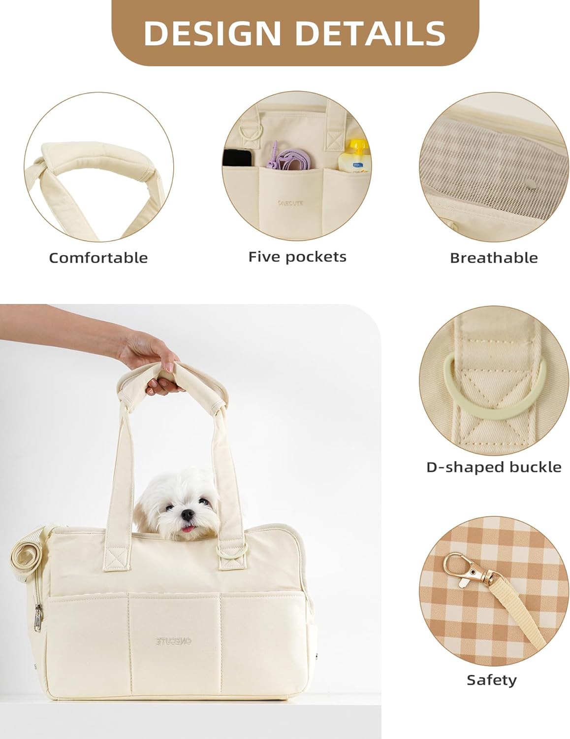 Dog Carrier for Small Dogs Rabbit cat with Large Pockets, Cotton Bag, Dog Carrier Soft Sided, Collapsible Travel Puppy Carrier (Beige, 17" L x 7.5" W x 12" H)
