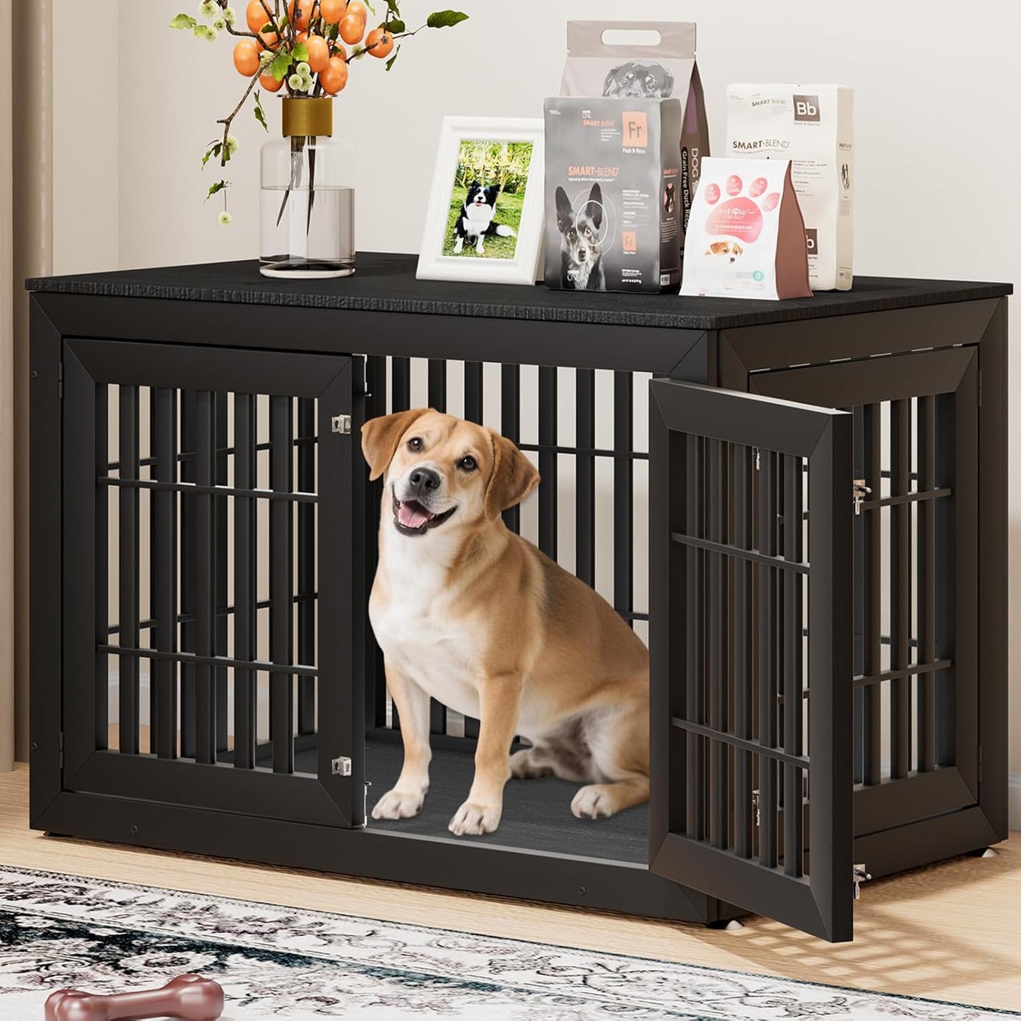48" Heavy Duty Dog Crate Furniture for Small,Medium and Large Dogs,Rustic Wooden Dog Cage Kennel Indoor Furniture with Waterproof Top,Decorative Pet House Side End Table (Black)