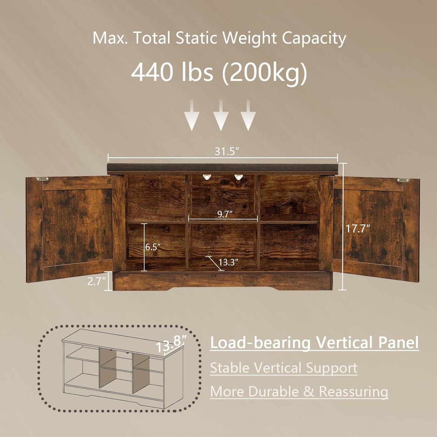 DINZI LVJ Shoe Bench, Entryway Storage Bench with Doors, Cushion, 2-Tier Shoe Rack with 6-Cubby, 31.5”L x 13.8”W Shoe Organizer Cabinet, Adjustable Shelf, Living Room, Bedroom, Rustic Brown