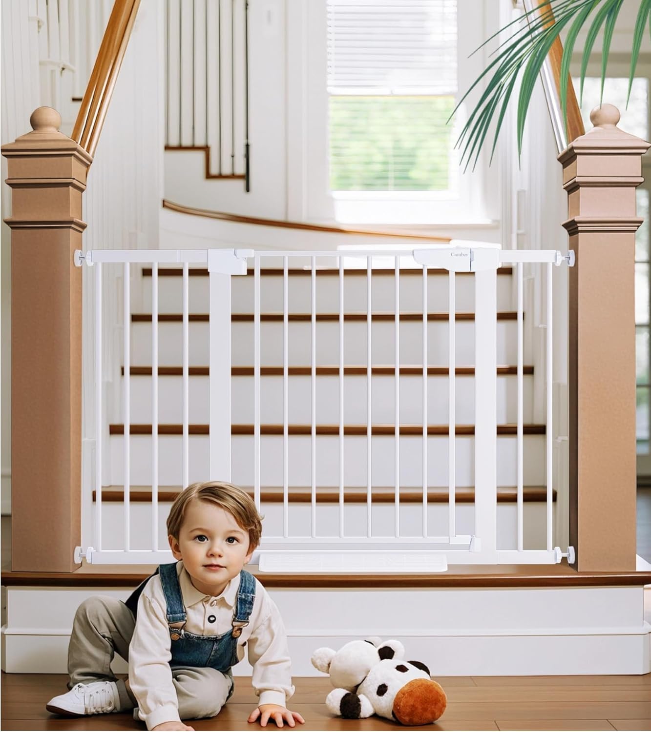 Cumbor 29.7-48" Baby Gate for Stairs, Mom's Choice Awards Winner-Dog Gates for Doorways, Auto Close Safety Pet Gate for Dogs Indoor, Easy Install Pressure Mounted Child Gate with Walk Thru Door, White