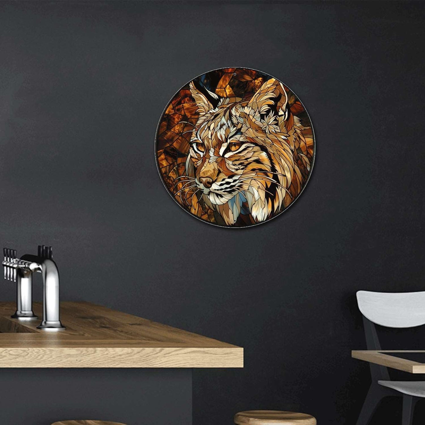 Lygond Metal Sign Tin Sign Circular Stained Glass Bobcat Signs for Garden for Patio 12×12 Inches