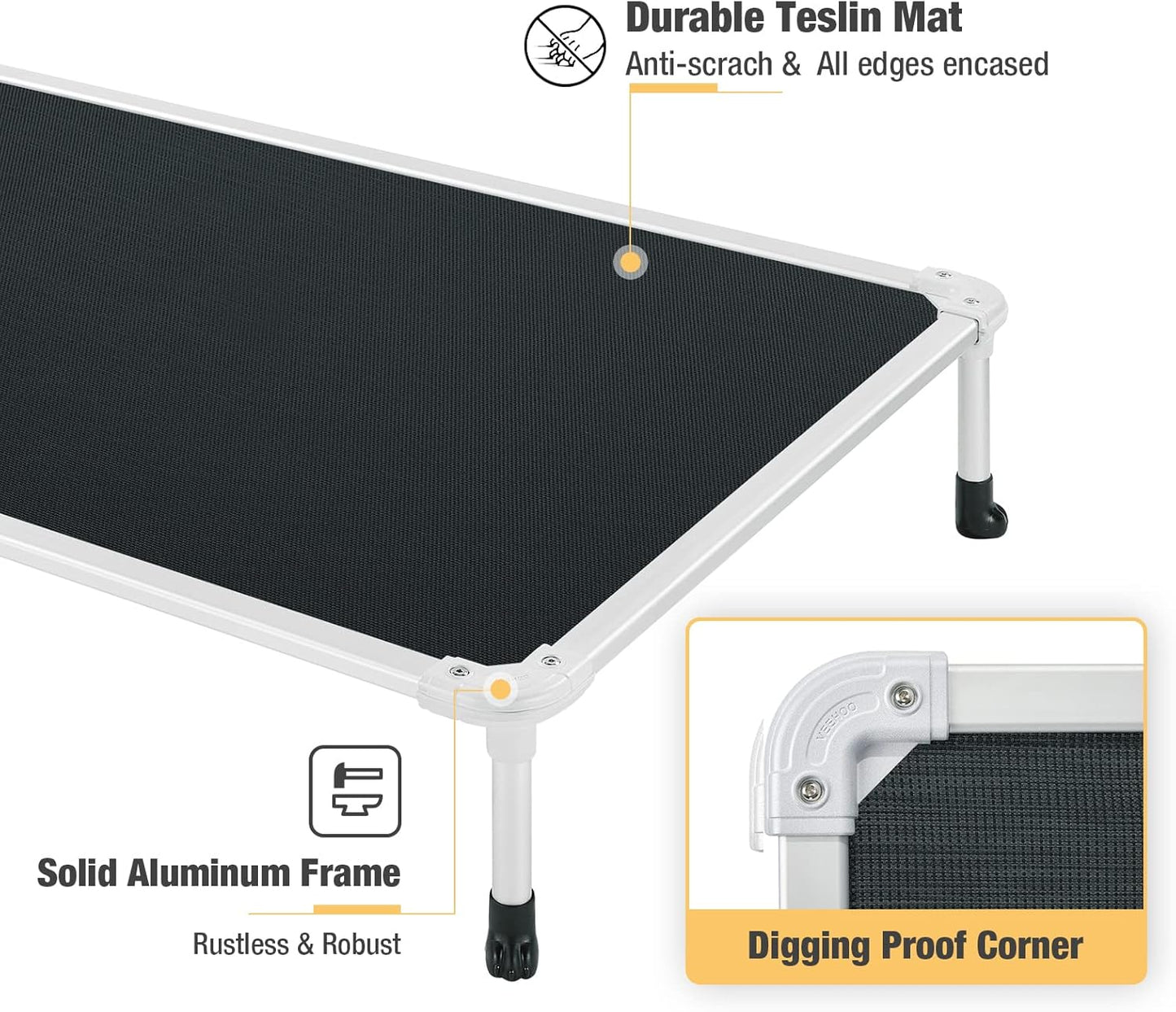 Veehoo Chew Proof Elevated Dog Bed - Cooling Raised Pet Cot - Silver Aluminum Frame and Durable Textilene Mesh Fabric, Unique Designed No-Slip Feet for Indoor or Outdoor Use, Black, Medium, CWC2003