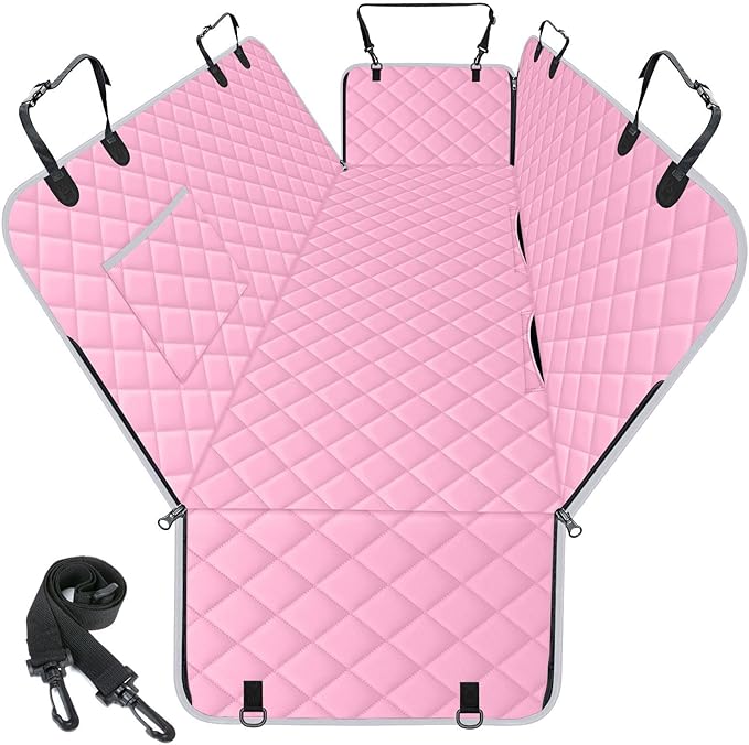 Waterproof Dog Car Seat Cover for Back Seat - Durable, Scratch Proof Pet Hammock with Nonslip Design & Storage Pockets, Fits Cars, SUVs, Trucks - S, Pink/Grey