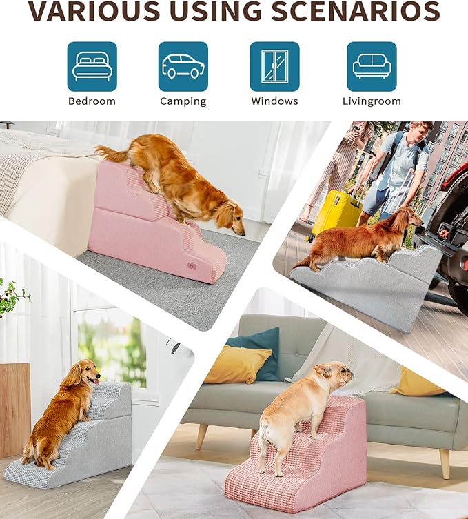Dog Step for Bed, Dog Stair 3-Step 35D Pet Stair 15.7" H for High Bed or Sofa Non-Slip Balanced Pet Step Indoor, Pink
