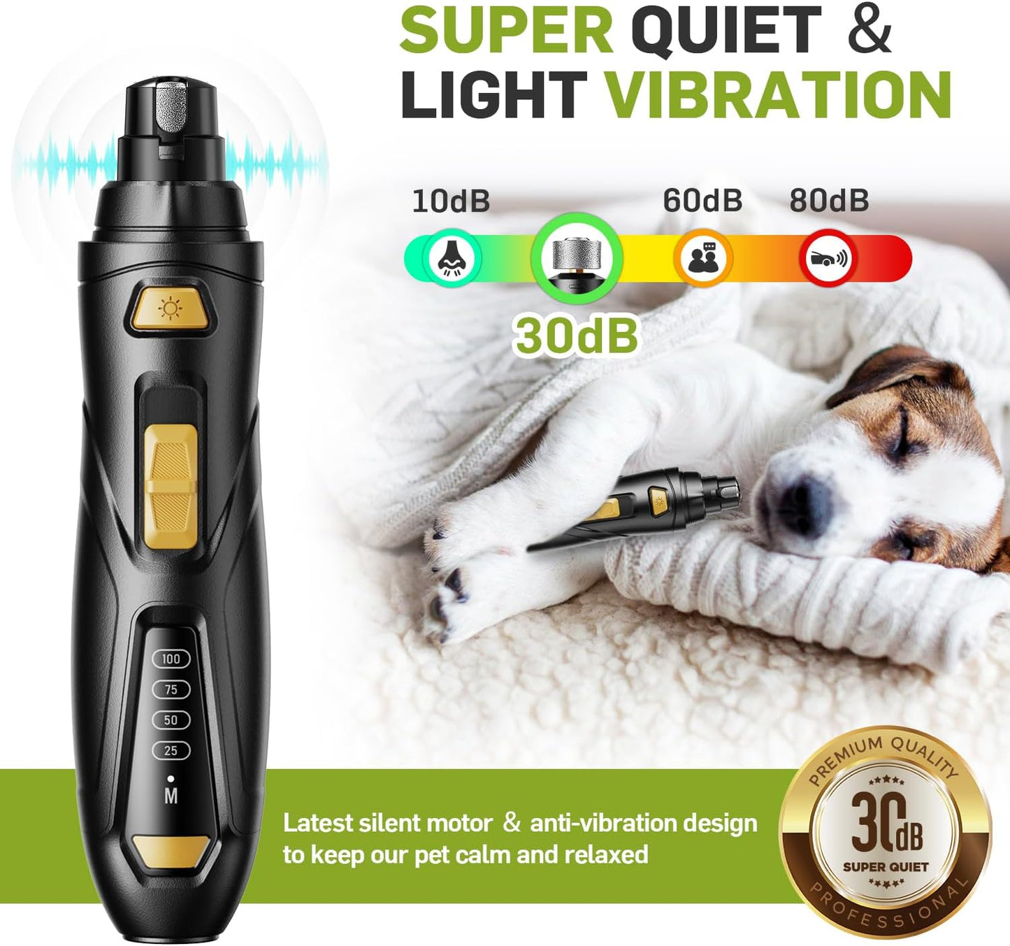 Dog Nail Grinder & Clipper 2-in-1 Set - 25dB Ultra Quiet with 3 Grinding Wheels & 2 LED Lights, Rechargeable for Large/Puppy Dogs & Cats, 3-Speed Adjustable for Anxious Pets