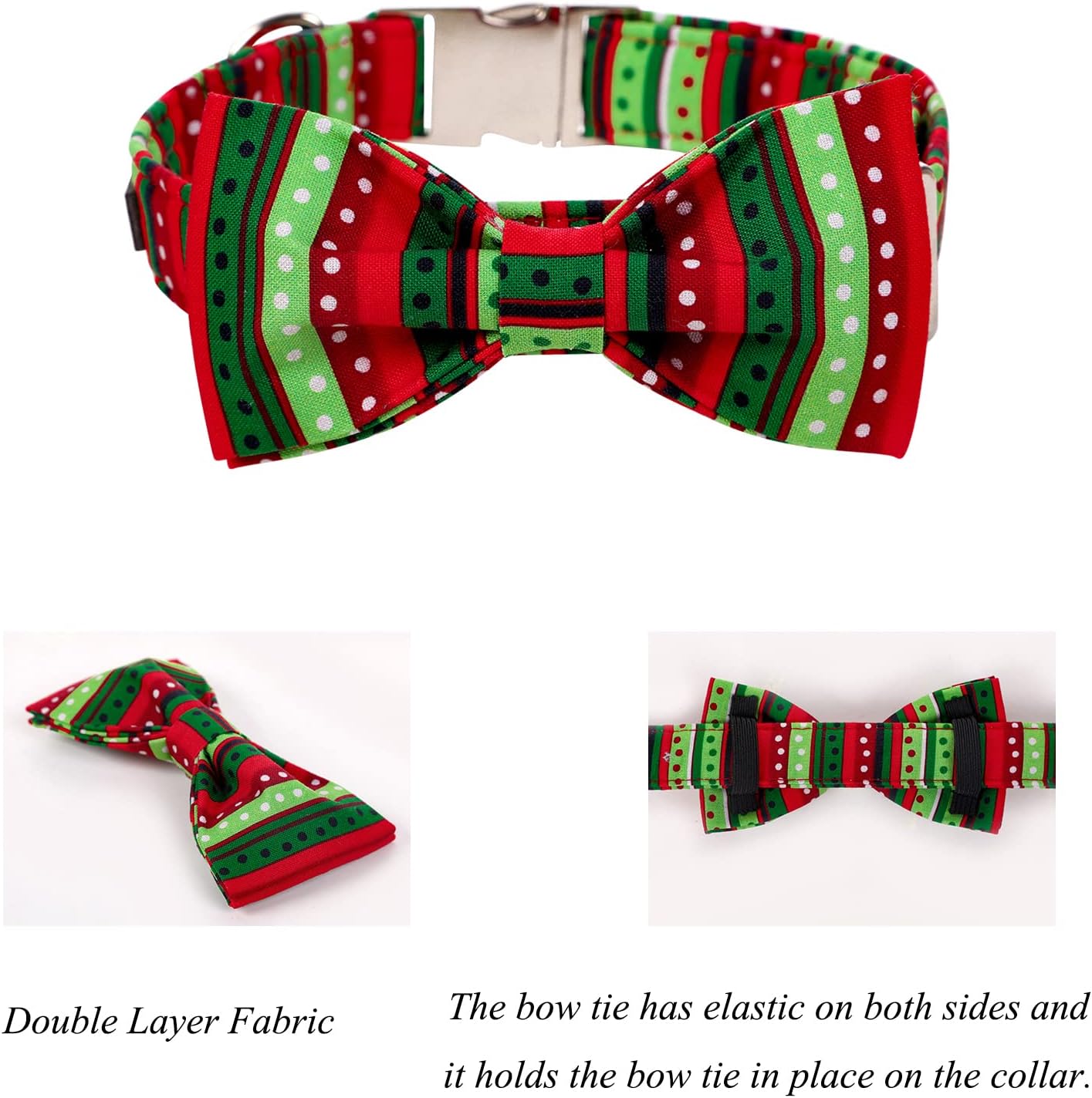Lionet Paws Dog Collar with Bowtie, Detachable Bowtie for Dressing Up, Cotton Material, Red&Green Dot, Small, Dog, Cat, All Breeds, Extra Small, Buckle Closure, 7-11 inches
