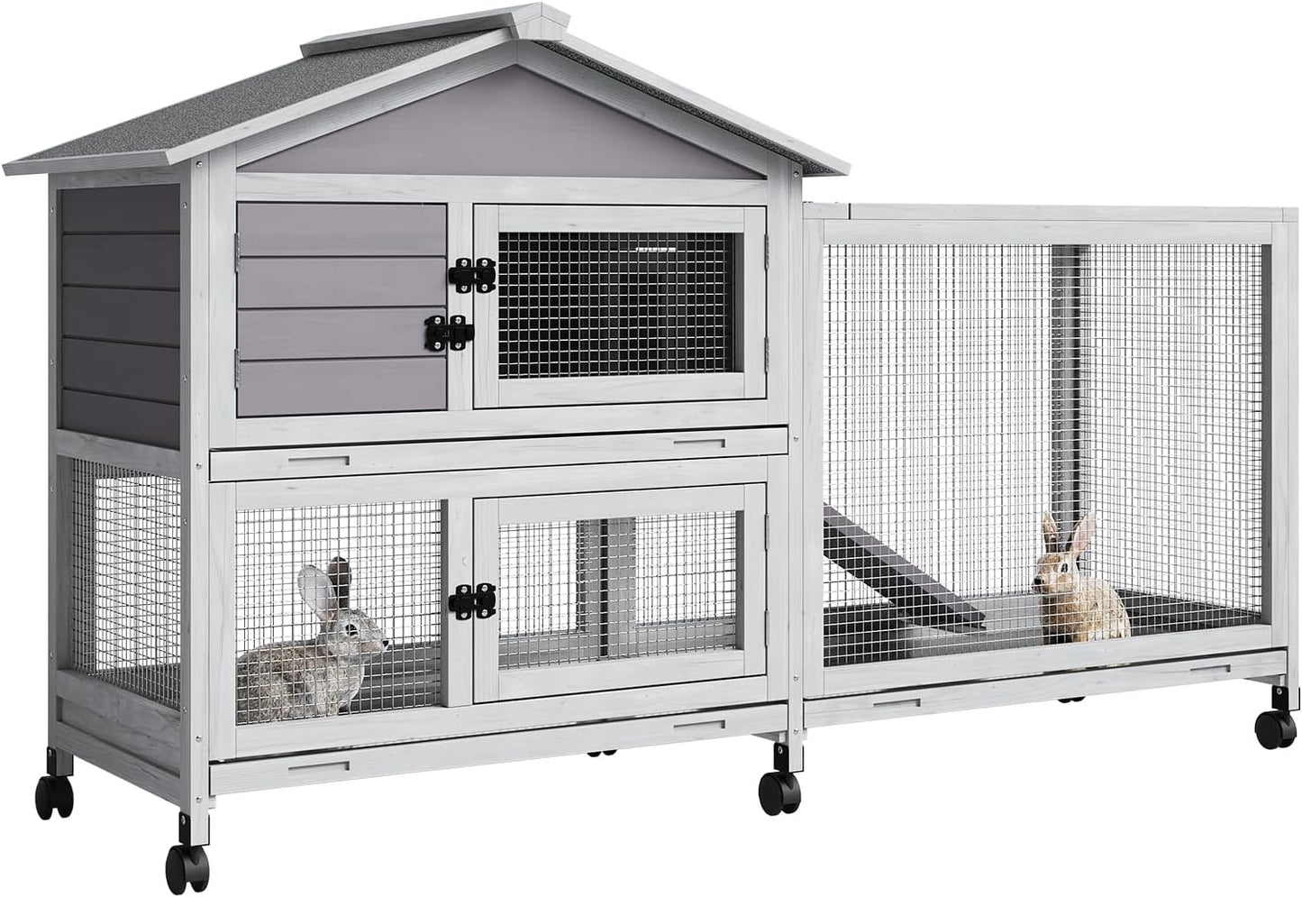 Rabbit Hutch 2-Tier, Small Wooden Chicken Coop with Wheels for Outdoor Use - Weatherproof Small Animal Hutch with Non-Slip Ramp, 4 Access Doors & Removable Tray for Rabbits, Guinea Pigs, Ferrets