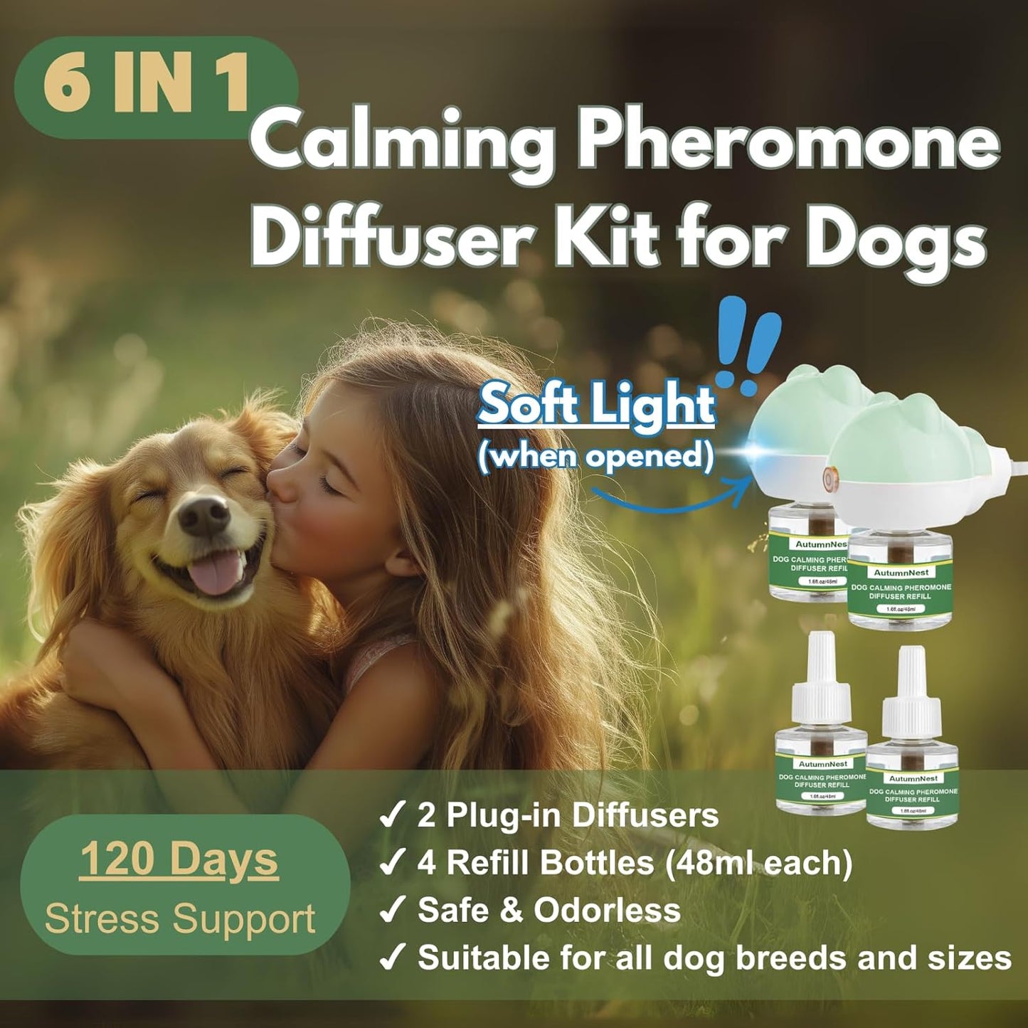 Dog Pheromone Diffuser Kit, Pet Diffuser for Stress Support, Reduces Stress and Promotes Relaxed Behavior, 2 Plug-in + 4 Packs Refill, 120 Day Supply (Non-Toxic, Safe & Inedible), Diffuser with Light