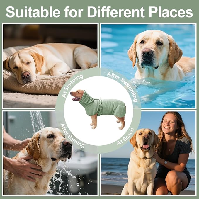 Medium to Large Size Dog Bathrobe, Quick Drying Super Absorbent Used for After Bathing, Warm Dog Towels, Adjustable Hoodies and Belts for Pet Dogs Bath Clothes Products (Green Jacquard, 4XL)