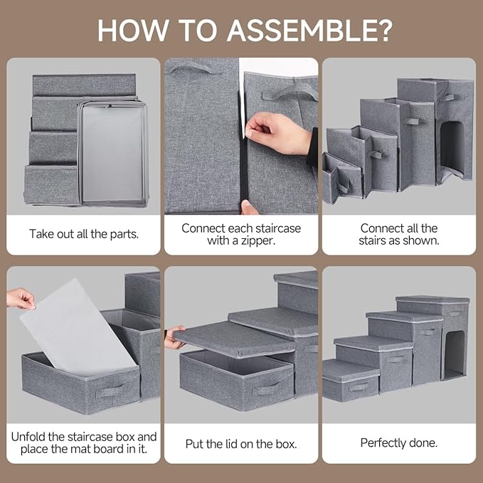 Dog Stairs with Storage, Folding Pet Steps with Zip for Small Dogs and Cats, 4-Step Pet Stairs with Pet House for High Bed, Couch and Car Ramp (Gray, 4 Steps with Condo)