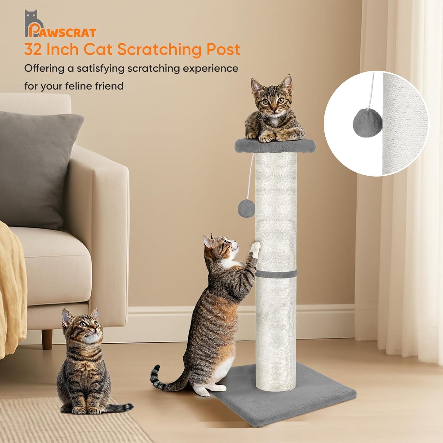 PAWSCRAT Cat Scratching Post 32" Tall, Large Diameter Natural Sisal Cat Scratch Post with Dangling Ball, Scratch-Resistant and Durable for Indoor Cats, Protect Your Furniture, LightGrey