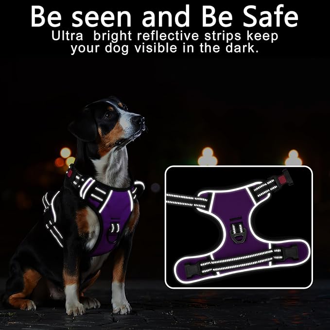 Timos Dog Harness Large Sized, No Pull with Neck Lockable Snap,No Choke Front Clip Dog Reflective Harness,Adjustable Metal Rings 3 Buckles,Easy Control Handle for Large Dogs Purple L