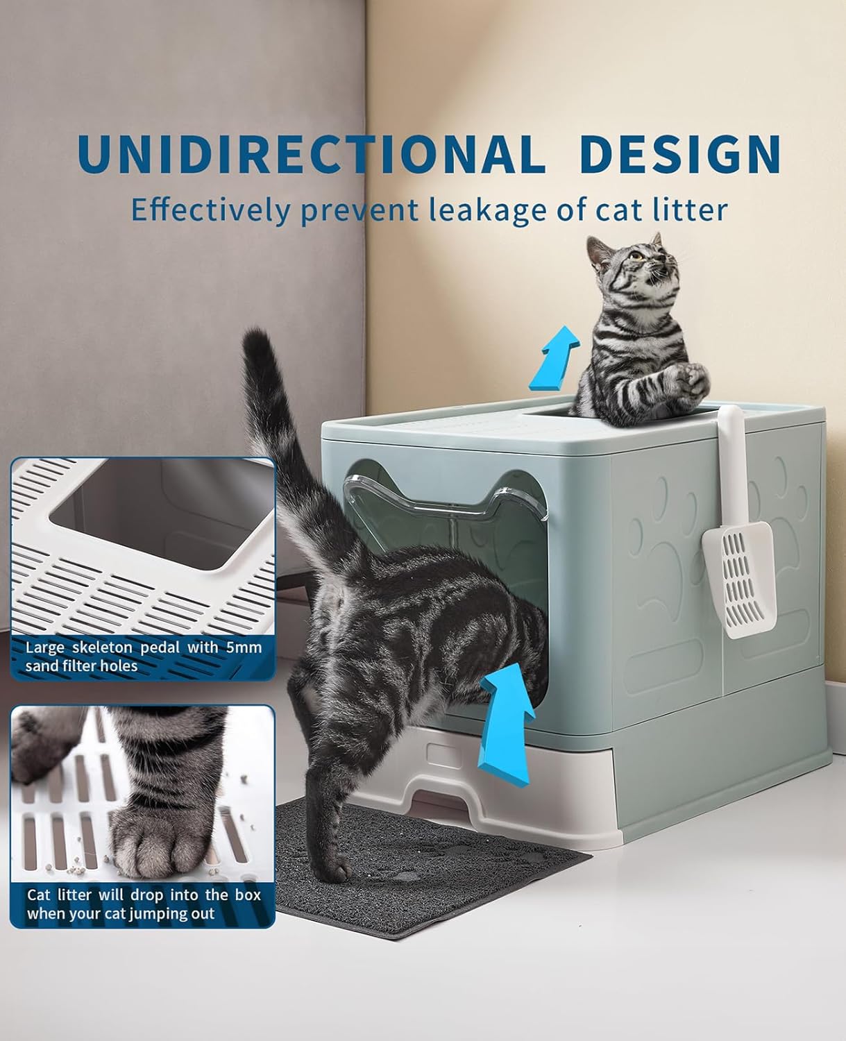 Cat Litter Box with Litter Mat and Scoop, Large Foldable Litter Box with Lid, Front Entry Top Exit Kitty Box, Odor Control, Easy to Clean (Blue)