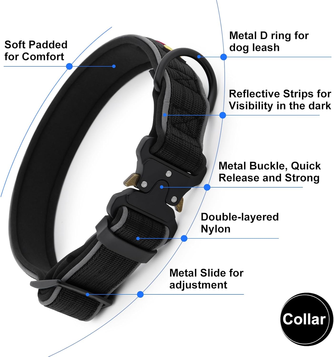 Plutus Pet Tactical Dog Collar, Reflective, Adjustable Heavy Duty Dog Collar, Soft Padded and Comfortable, for Small Medium and Large Dogs (Black, M)