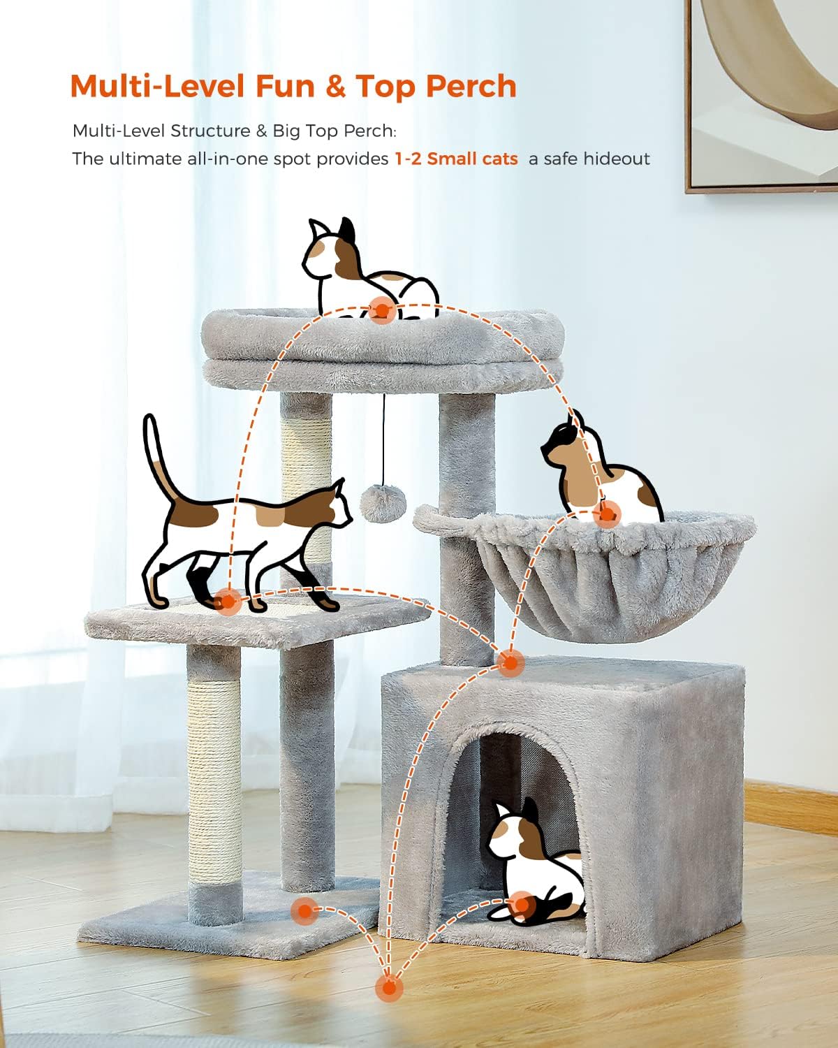 PEQULTI Small Cat Tree, [28.5''] Cat Tower for Indoor Cats, 2 Styles Activity Tree with Cat Scratching Posts, Big Hammock and Removable Top Perch Grey