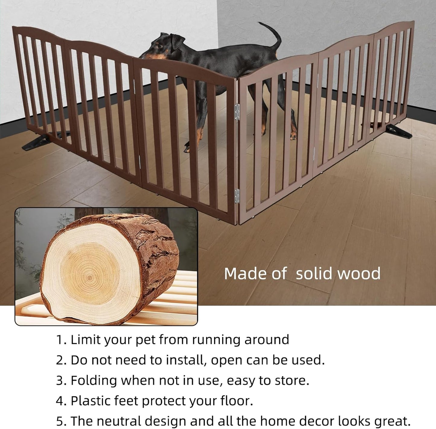 ZJSF Foldable Freestanding Indoor Dog Gate for House Wood Long Pet Gates Dog Fence for Stairs Puppy Gates for Hallways, Puppy Gate,Support Feet Included, Brown, 32 "Height-6 Panels