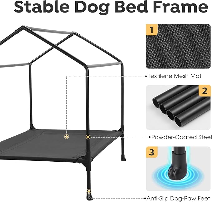 Veehoo 41" Dog House, 2-in-1 Large Dog House Outdoor Indoor Weatherproof, Outside Elevated Dog Cot Bed Dog Tent Shade, Three-Sided Breathable Mesh Windows and Sunshades, CWC2435CP