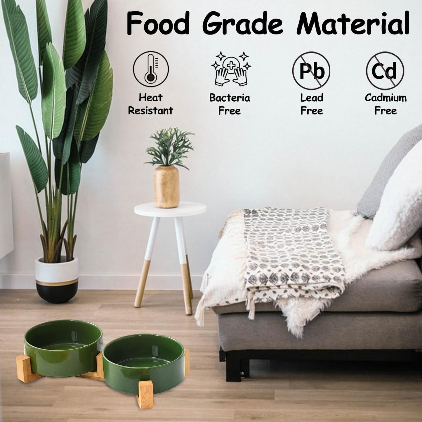 Petygooing Dog Bowls,Ceramic Cat Dog Bowl Set with Wood Stand for Food and Water,Non-Slip Cute Modern Pet Dish for Cats and Small Size Dogs (13.5OZ/5.1 in) Rust Green