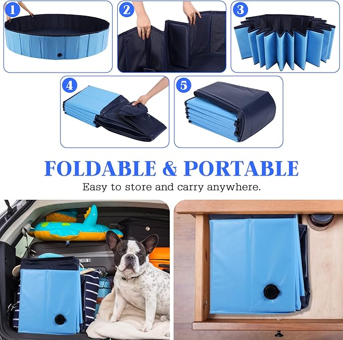 Foldable Dog Bath Swimming Pool Plastic Kiddie Pool Professional Tub Collapsible Grooming Bathtub for Pets Kids Baby and Toddler, 79 x 12 Inches Blue