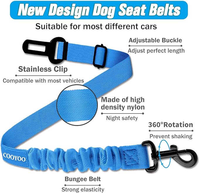 COOYOO Dog Seat Belt,3 Piece Set Retractable Dog Car Harness Adjustable for Vehicle Nylon Pet Safety Heavy Duty & Elastic
