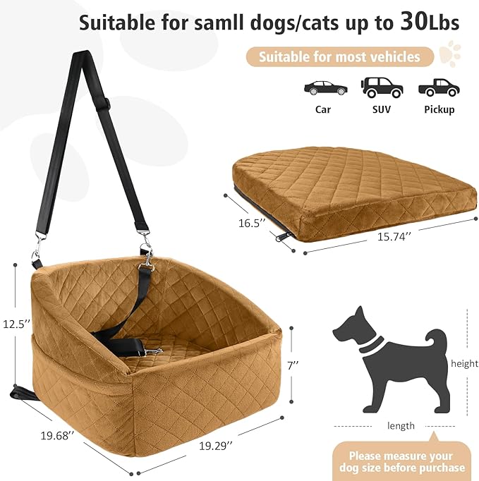 Dog Car Seat for Small Medium Dogs,Detachable Washable Dog Booster Seat Under 30lbs,Pet Car Seat Travel Bed with Storage Pockets and Dog Safety Belt（Brown
