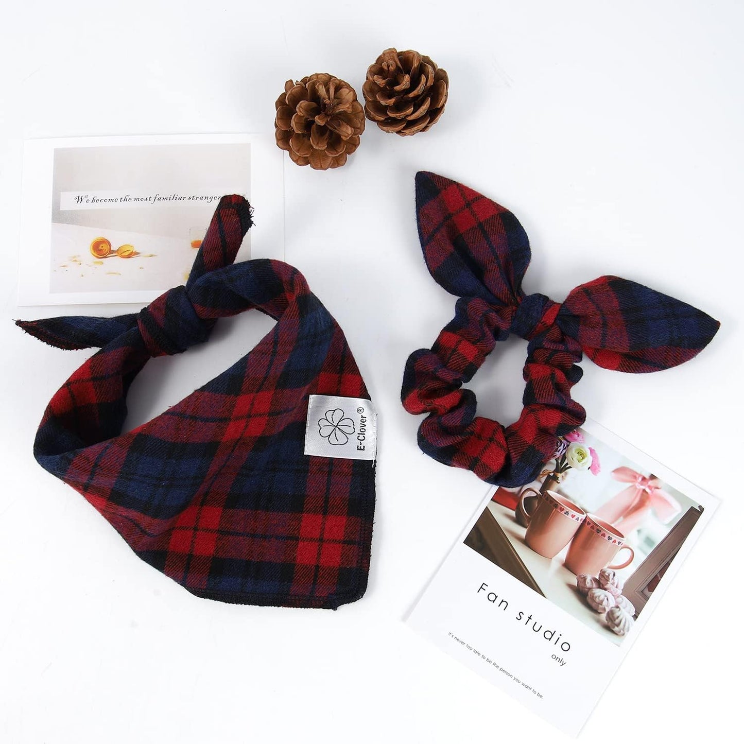 E-Clover Dog Bandanas & Matching Scrunchie Set Plaid Dog Scarf Bibs Pet Handkerchief for Small Dogs Puppy Owner Gifts Red Blue