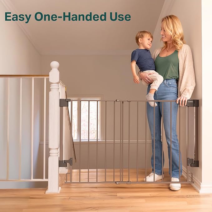Cumbor 29.2-43" No Bottom Bar Baby Gate for Stairs, 2-in-1 Hardware Mounted Dog Gate Indoor, Pet Gate for Doorways with Large Walk Thru Door, Child-Proof Safety Gate for Top & Bottom of Stairs (Brown)