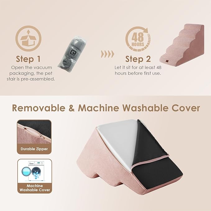 EHEYCIGA Curved Dog Stairs Ramp for High Beds 22.6" H, 5-Step Dog Steps for Small Dogs and Cats, Pet Stairs for High Bed Climbing, Non-Slip Balanced Pet Step Indoor, Dusty Pink