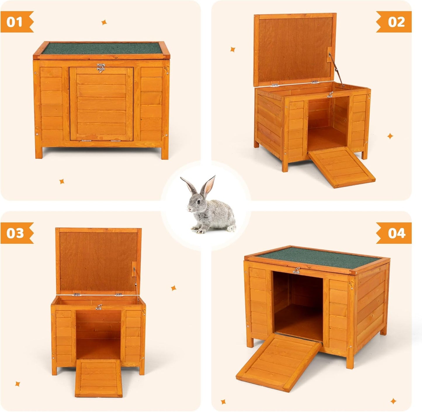 COZIWOW 24inches Wooden Catio Outdoor Cat House Small Animal House，Rabbit Hutch Indoor，Stable Weatherproof Bunny Cage Pet Shelter for Small Cat Dog Rabbit Guinea Pig(Orange)