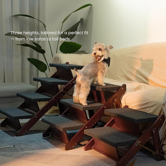 MEWANG Wooden Pet Stairs/Pet Steps - 3-in-1 Foldable Stairs & Ramp for Beds and Cars - Portable Dog/Cat Ladder Up to 220 Pounds - Great for Small and Older Animals(Brown) (24.8" L x 17.2" W x 19.5" H)