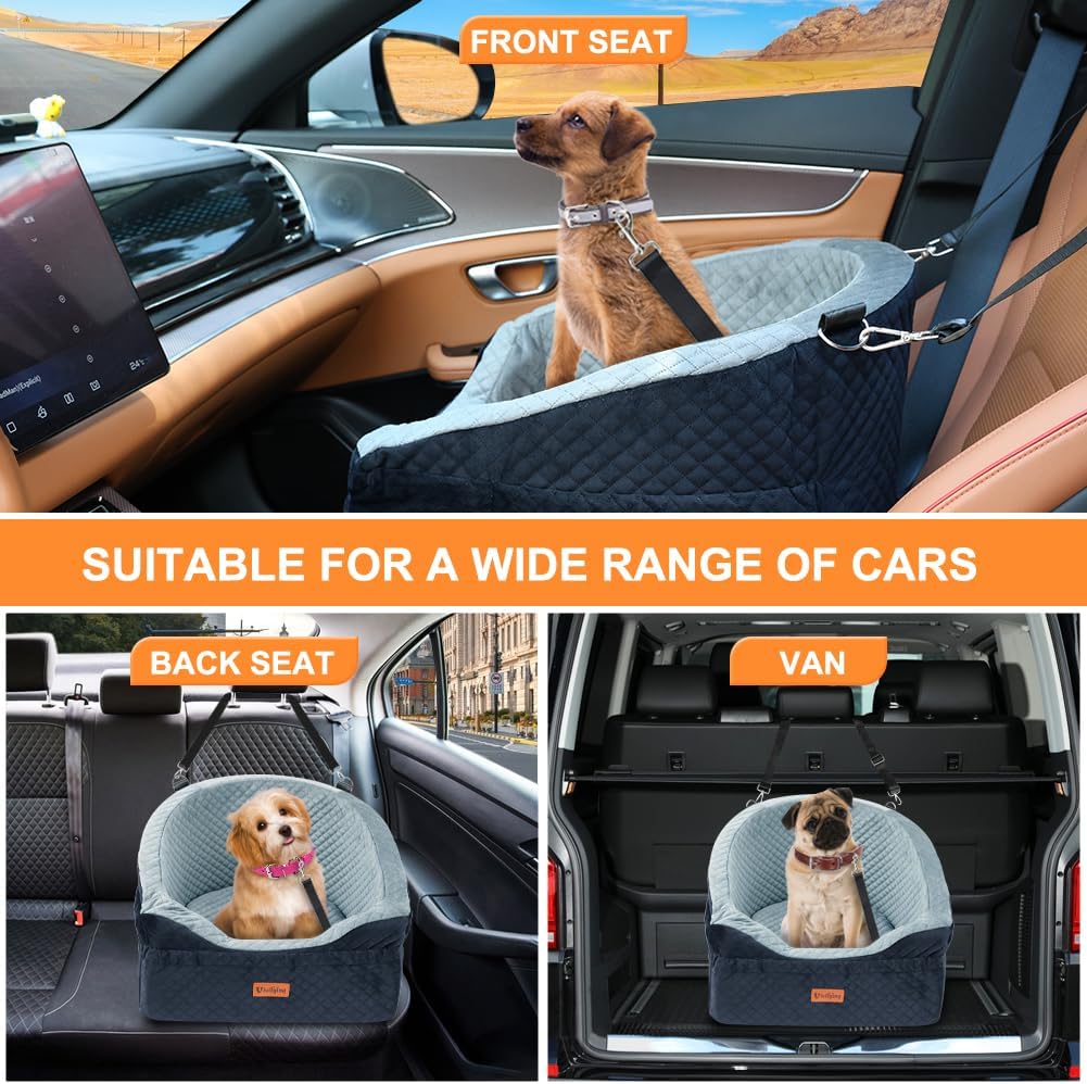 Vivifying Dog Car Seat for Small & Medium Dogs, Detachable & Washable Booster Seat for Pets Up to 30lbs, Travel Bed with Storage Pockets and Safety Belt – Gray&Black