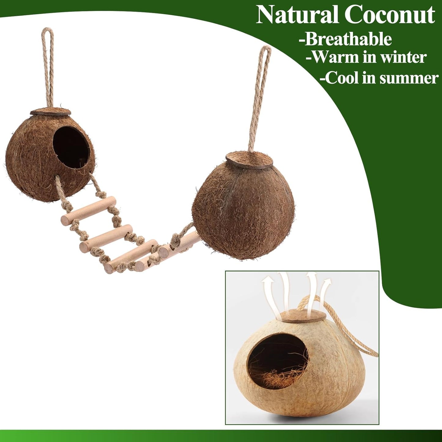 HERCOCCI Gecko Tank Accessories, Hermit Crab Toys Double Coconut Shell Natural Coconut Husk Hut with Climbing Ladder with Suction Cup for Leopard Gecko Snake Reptiles