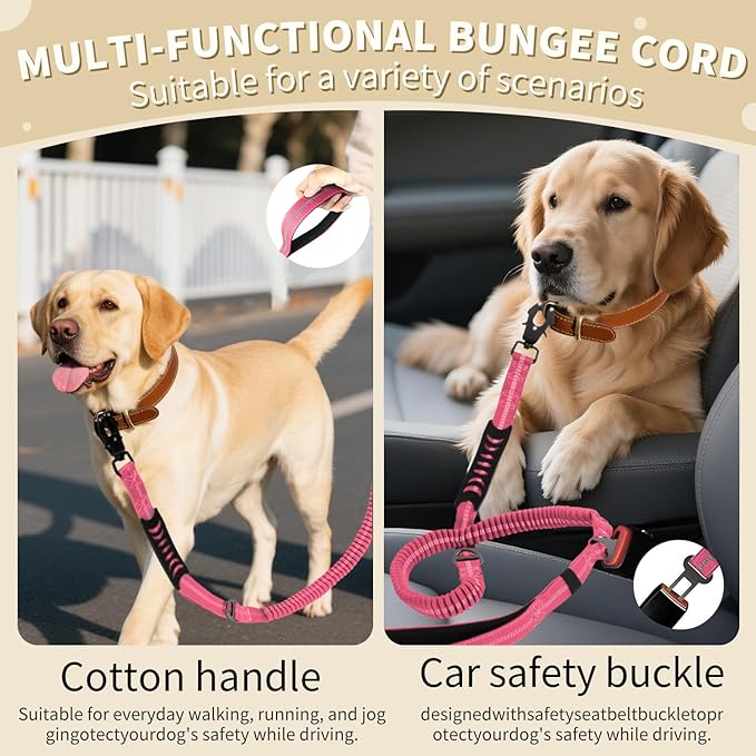 Heavy Duty Tactical Bungee Dog Leashes, 4-6FT Shock Absorbing Tactical Dog Leash with 2 Padded Handles, Metal Carabiner Clip,Car Seatbelt, Reflective Dog Leash for Medium Large Dogs (Pink)