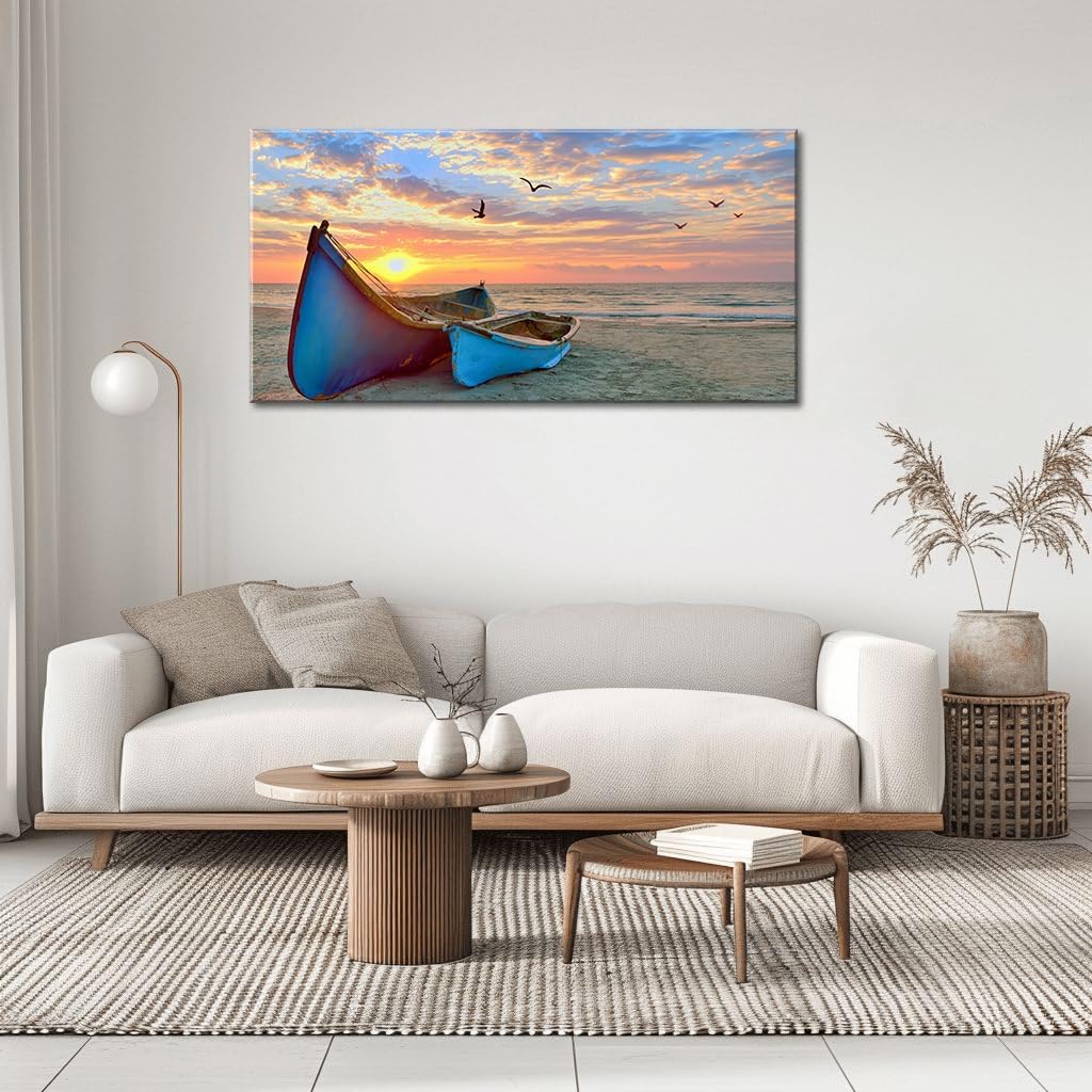 weiyiart Beach Wall Art Decor for Living Room Ocean Boat Canvas Picture for Wall Gold Sunset Painting for Bedroom Seascape Theme Art Print for Bathroom Home Office Decoration Ready to Hang 24x48 Inch