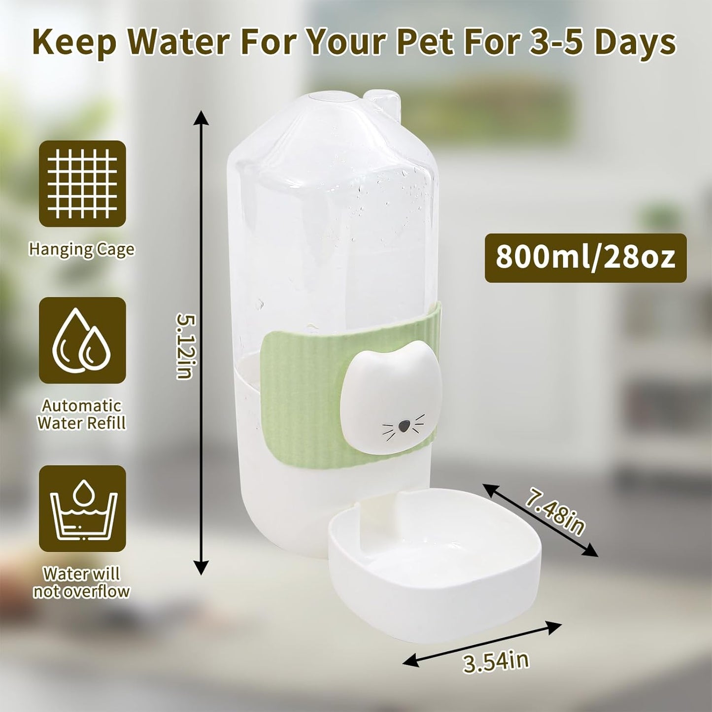 Rabbit Water Bottle, 800ml/28oz Hanging Automatic Water Dispenser for Cage, Ferret Bunny Guinea Pig Water Bowl,Suitable for Small Animal (Green, 800 ml/28 oz)