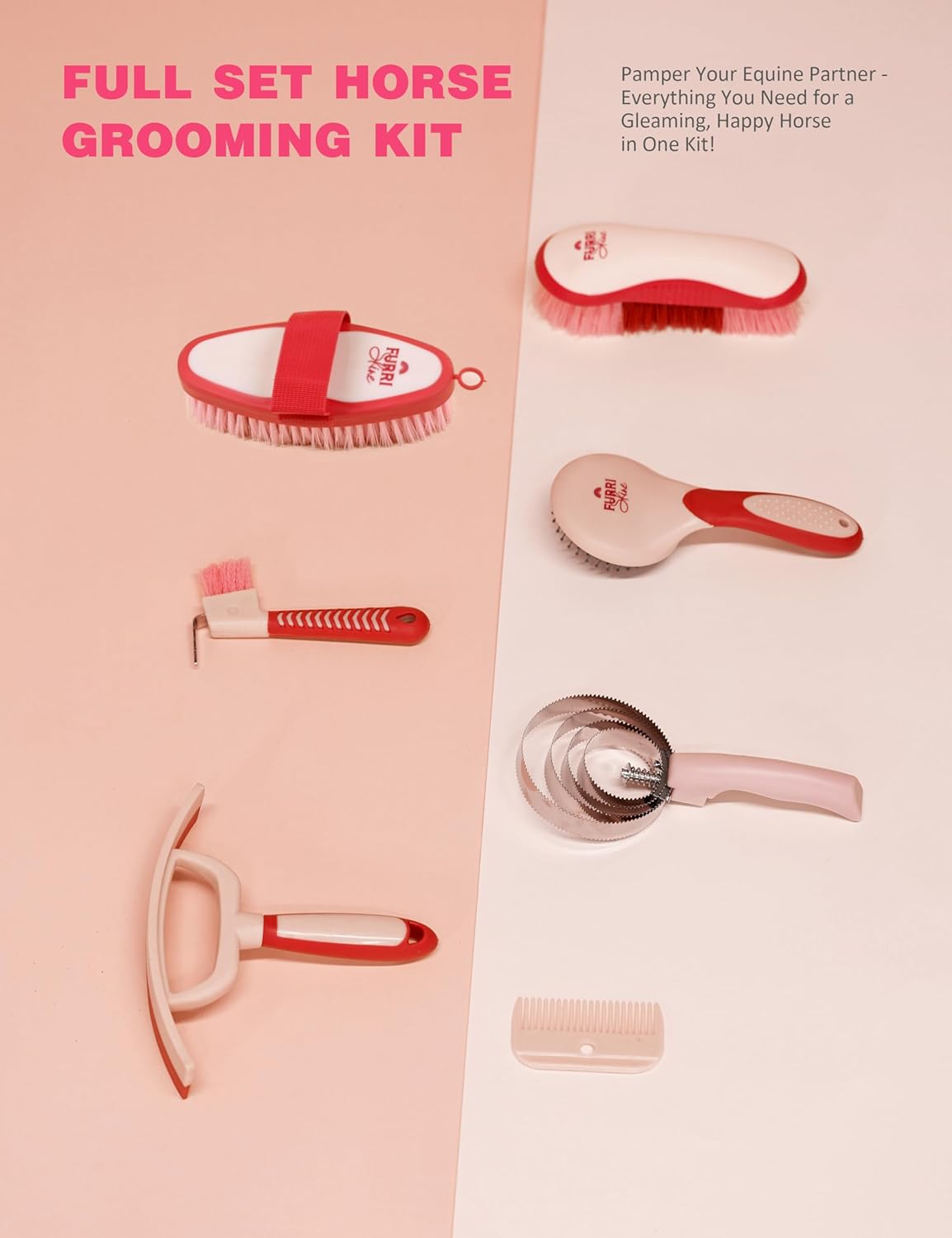 9PCS Horse Grooming Kit Curry Comb Sweat Scraper Horse Bathing Supplies Grooming Tools with Storage Bag Pink Garnet