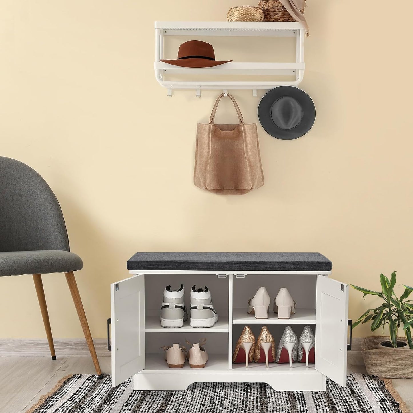 2-Tier Storage Bench, Shoe Bench with Padded Seat Cushion, Entryway Bench with 2 Barn Doors, Adjustable Shelf, 13.8" D x 27.6" W x 17.7" H, for Entryway, Living Room, Bedroom, White