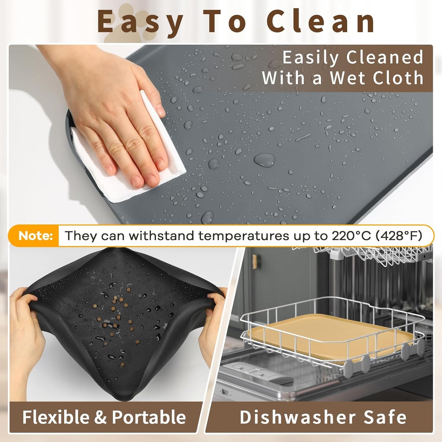 Silicone Pet Feeding Mat with Raised Edge & Residue Collection Pocket for Food and Water, Dog Bowl Mats, Cat Bowls Placemat with High Lip for Floor Waterproof, 24 x 16 x 0.8 Beige