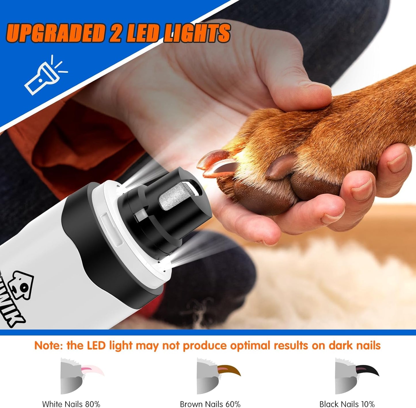 VIWIK Dog Nail Grinder with 2 LED Light, Dog Nail Trimmers, Quiet Dog Nail Clippers Kit for Large Medium Small Dog's Paw & Cat's Claw, Electric 2-Speed Pet Toenai Grinder, Gifts for Dog Lovers