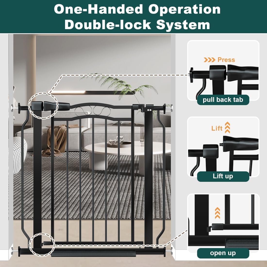 Baby Gate for Stairs 29.53"-53.1" Extra Wide, Pressure Mounted Dog Gate Indoor, Walk Thru Pet Gate for Cat Dog Child,Pet Gates for The House Doorway Black