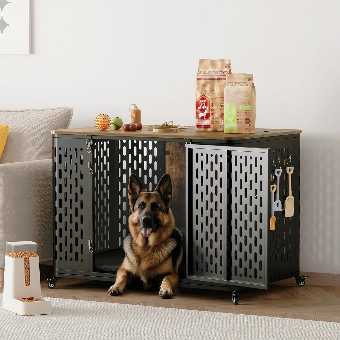 ONBRILL Heavy Duty Dog Crate Furniture for Large and Medium Dogs, 43.7 Inch Large Dog Crate Kennel with Flip Top & Cushion & Wheels, Escape Proof Pet Cage,Wooden Cage Kennel Furniture Indoor