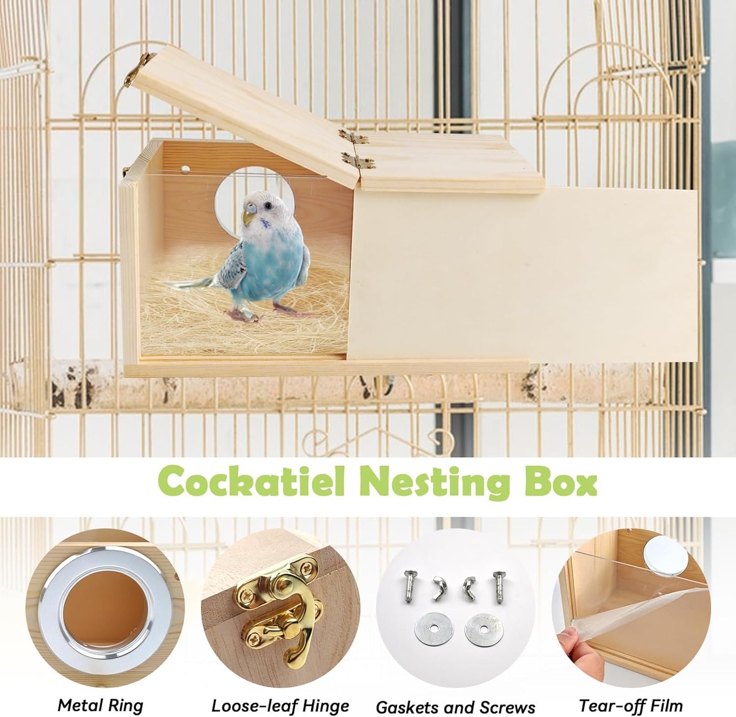 PINVNBY Nesting Box for Birds,Wooden Parakeet Nest Box with Detachable Board Transparent Visual Cockatiel House for Budgie Lovebird Conure Parrot (XL)