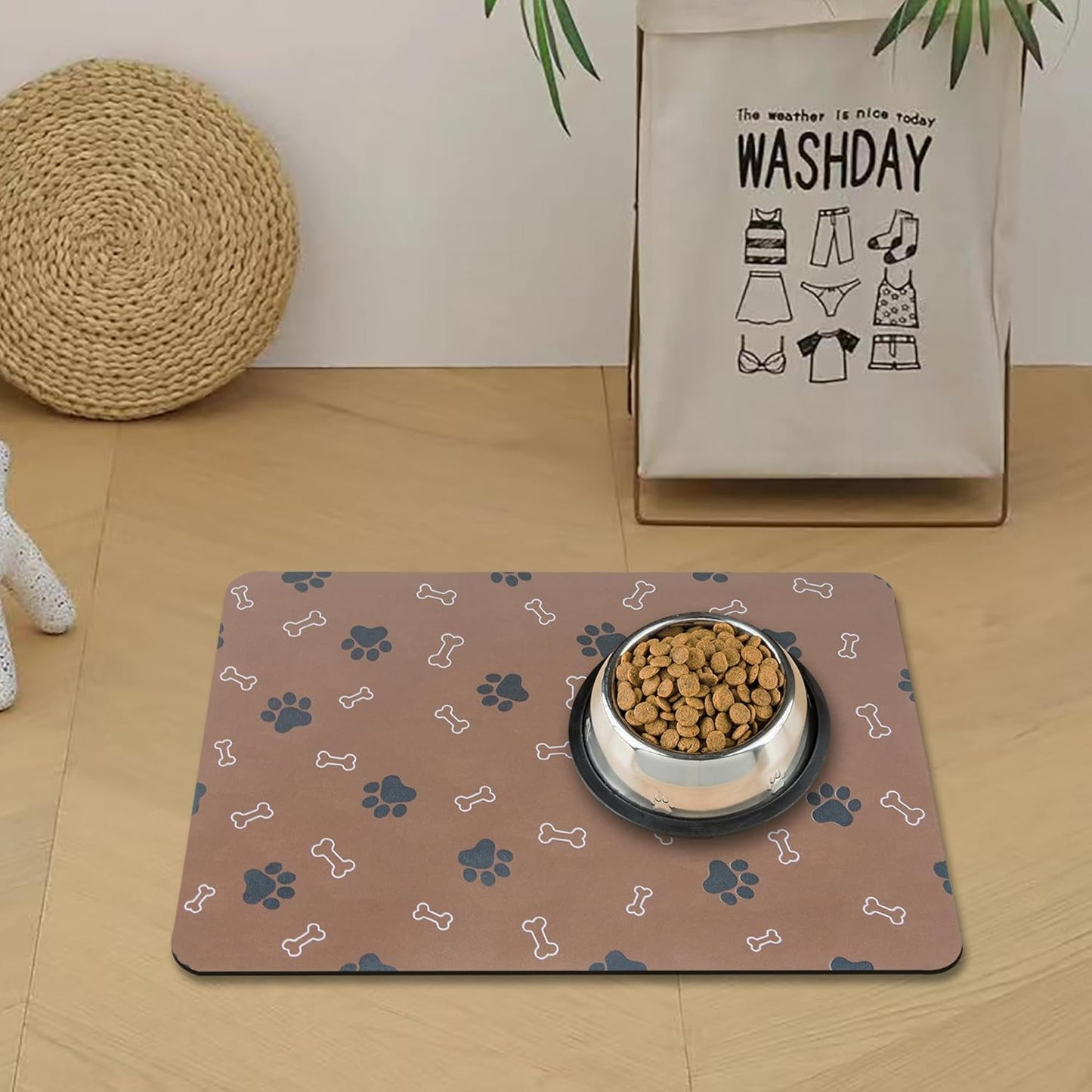Pet Cat Dog Food Mat Non Slip Mat for Dog Water Bowl Mat Quick Dry Absorbent Cat Feeding Mat, 18.1 * 11.8 in, Brown