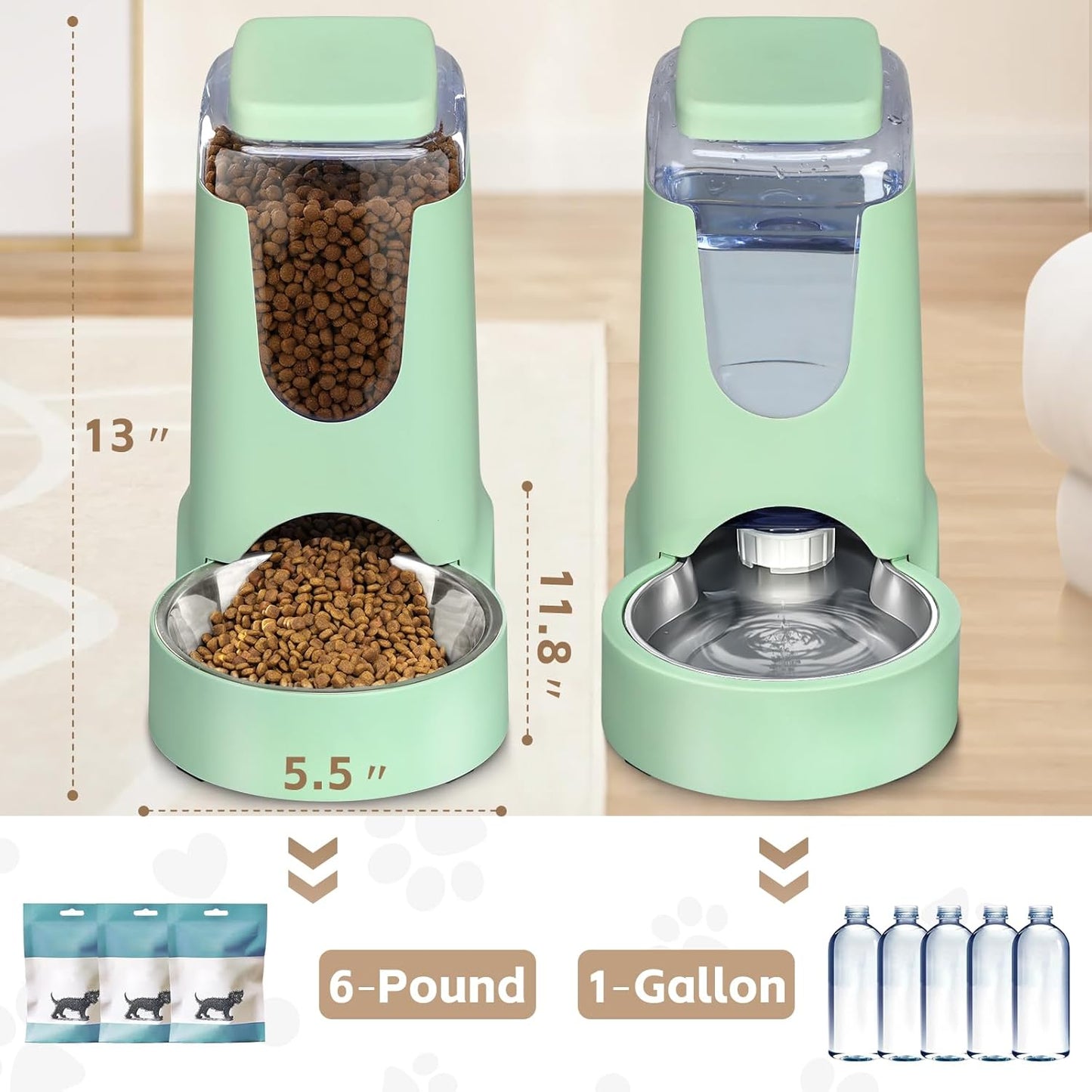 Automatic Cat Feeder and Water Dispenser with Stainless Steel Bowl Dog Gravity Food Feeder and Waterer for Small Medium Pets Puppy Kitten 1 Gallon x 2