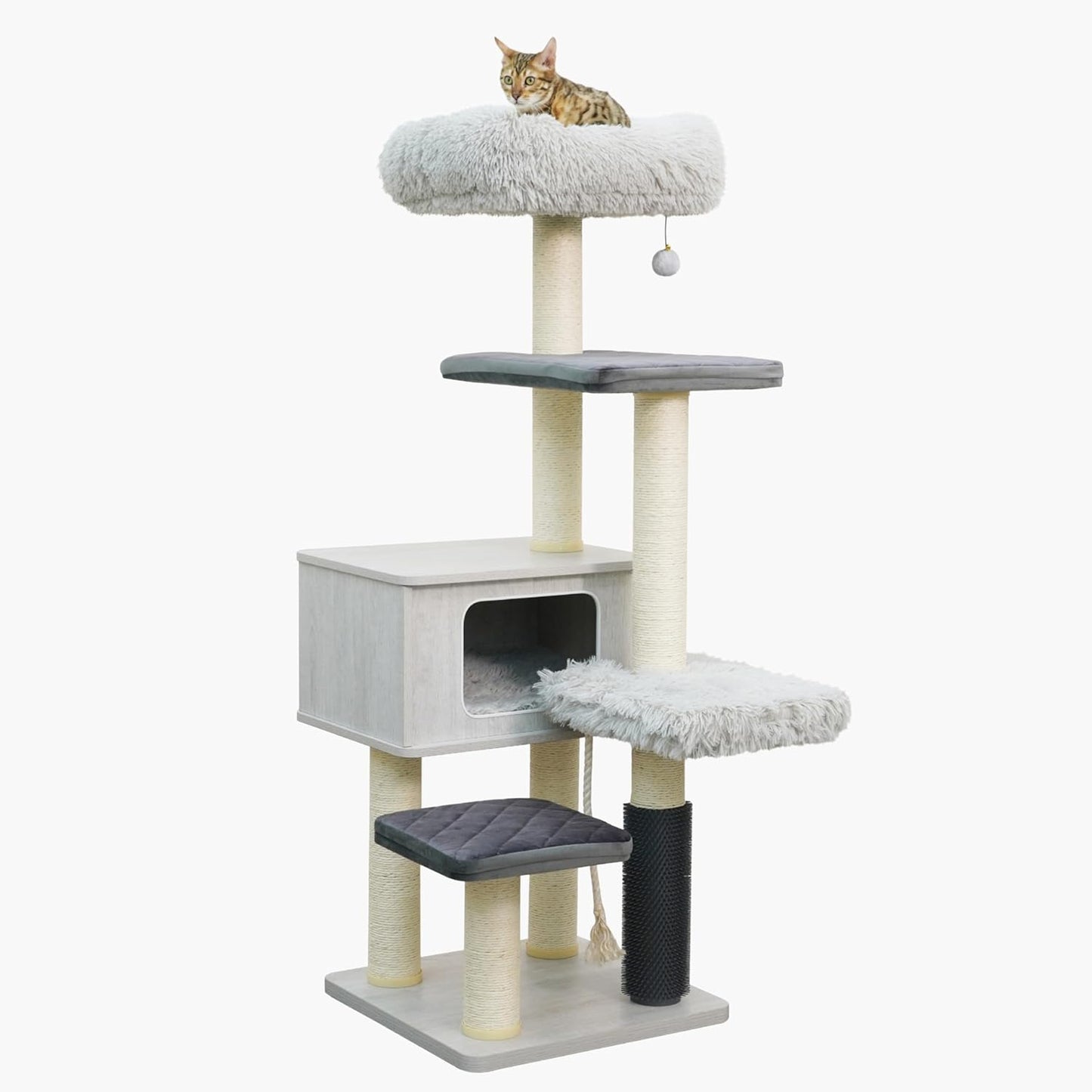 Catry Kasio 6 Level 54" High Modern Cat Tree with Laminated Wood Condo,Replaceable Scratching Posts,Removeable Washable Beds, Self Grooming Brush and Toys.(Light Gray)
