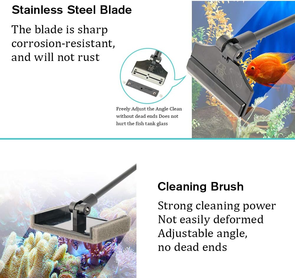 ZRDR Stainless Steel Algae Scraper Aquarium Cleaning Tool for Glass Aquariums, Including Algae Scraper, Sponge Pad, Fish Net, Cleaning Brush, Adjustable Length, Durable, Does Not Hurt The Fish Tank