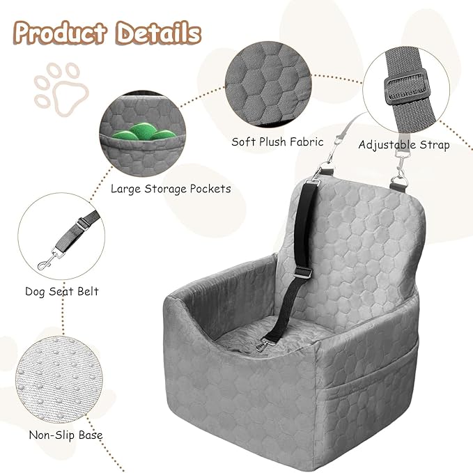 Dog Car Seat for Small/Medium Dogs - Dog Booster Seat with Safety Straps & Non-Slip Base, Travel Pet Car Seat with Storage Pockets, Washable & Removable, Suitable for Dogs Under 35 lbs (Gray)