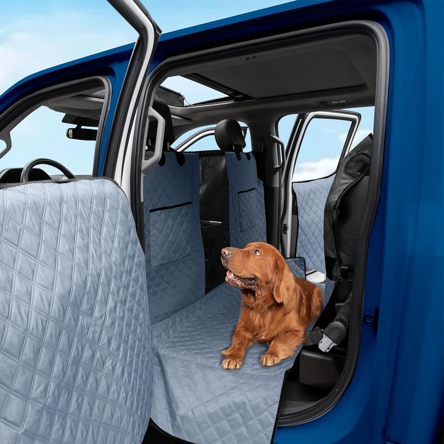 XL Dog Truck Seat Cover with Car Door Protector - Waterproof Full Coverage Back Seat Cover for Trucks with Flip-Up Rear Seats, Fits Full-Size Crew Cab Models Like F150 & F250